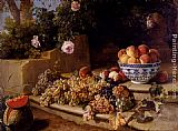 Still Life Of Grapes, Peaches In A Blue And White Porcelain Bowl And A Melon, Resting On A Stone Stairway by Alexandre-Francois Desportes